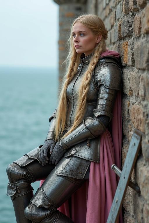 Attractive young woman wearing medieval armor with long blonde hair in braids. She sits on a medieval wall, gazing at the sea. A medieval sword and shield are leaning nearby. She wears a pink silk cloak and is surrounded by a historical atmosphere.
