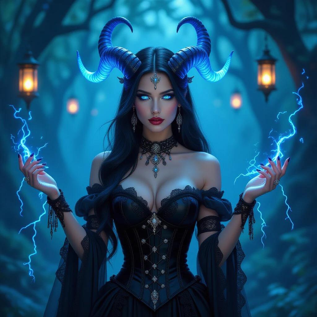 Dark sorceress stands in mystical forest illuminated by blue lights. Glowing blue horns spiral elegantly from her head. Long black hair cascades down her shoulders. Dressed in intricate black corset adorned with jewels and lace. Presence exudes allure and power with luminescent eyes and jewelry. Magic hints surround her with bolts of blue energy along her arms. Atmosphere thick with mystery and enchantment.