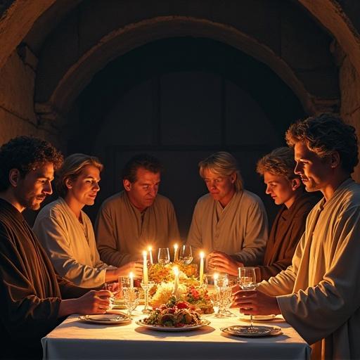 A reinterpretation of The Last Supper scene featuring characters from the Star Wars universe. Characters seated around a table filled with food and candles. Focus on expressions and interaction among them. Engage viewers with a blend of iconic elements from both themes.