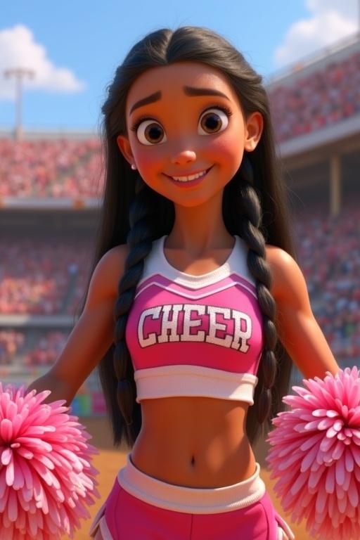 Animated young adult woman with long hair styled in two side ponytails. Wearing a pink and white cheerleader uniform. Holding pom poms while cheering at a rodeo event.