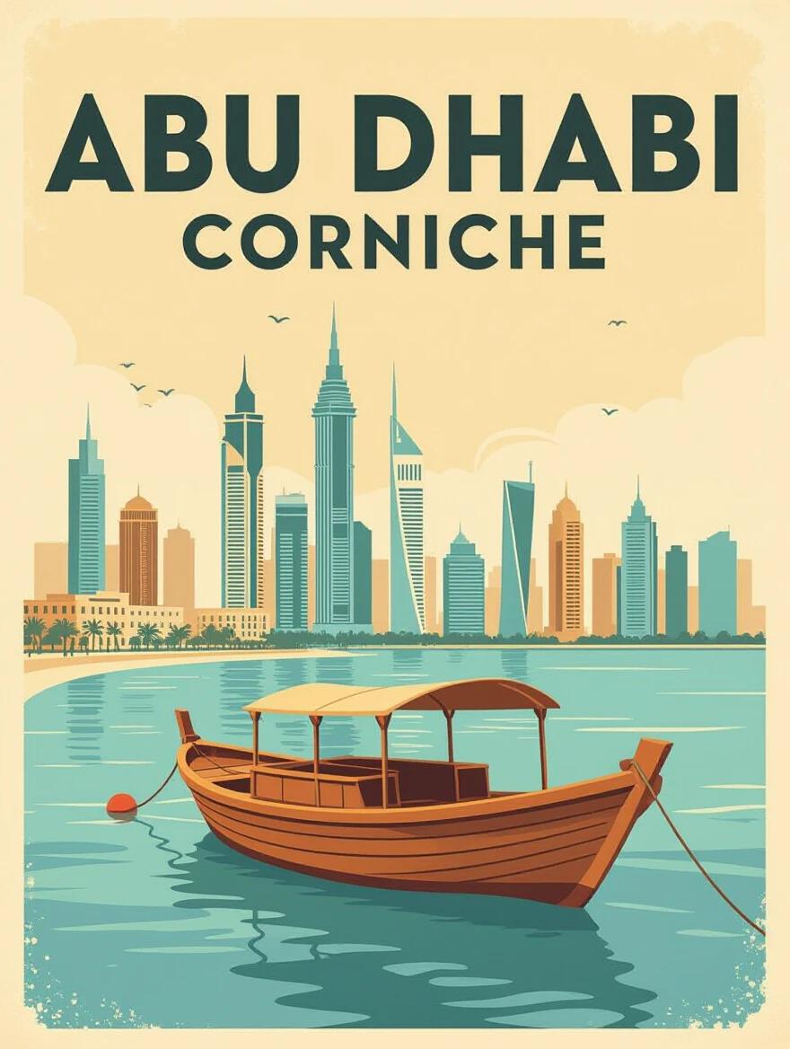 Vintage Travel Poster design depicting Abu Dhabi Corniche. Nostalgic feel with a skyline illustration. Traditional wooden boat foreground. Slightly desaturated colors. Classic decorative typeface.