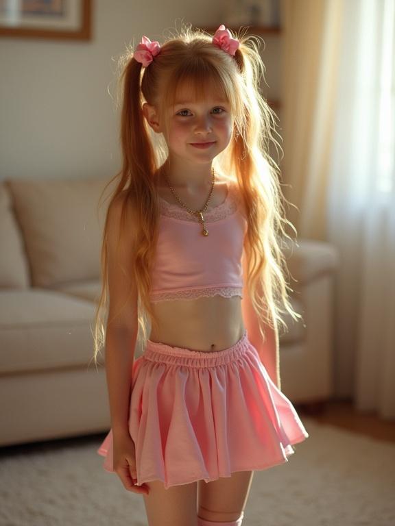 A young girl with long blonde hair in twin tails and pink bows stands in a soft-lit living room. She wears a crop top and a micro skirt, complemented by thigh-high socks and black shoes. The scene captures her flirty smile and beautiful face, evoking a playful vibe. The image is low resolution with pixelation and over-saturated colors, resembling older phone photos.