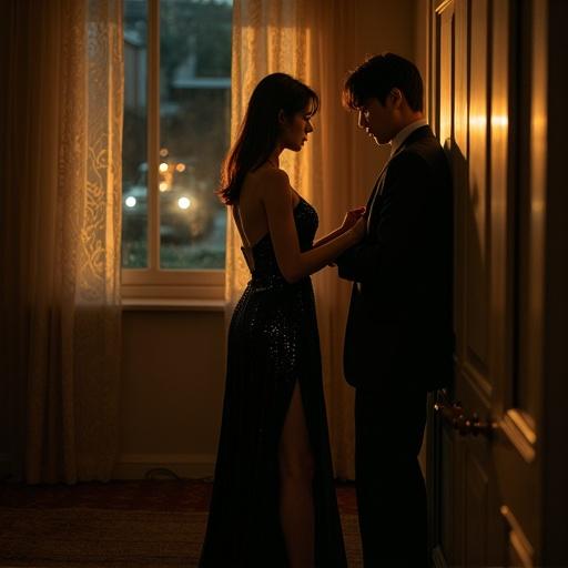 A scene in a twilight-lit bedroom. A person in a black velvet corset dress interacts with a man in a tailored suit. Dim glow comes from a partially open window. A mirror distorts reflections. Shadows play across the floor. A lace curtain sways. The atmosphere is intimate and charged with emotion.