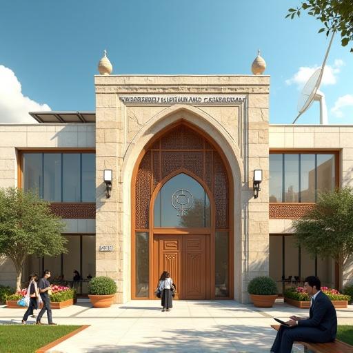 Photorealistic image of a modern intelligent school in Iran taken from outside on a sunny day. The exterior blends traditional Iranian architecture with modern design. Beige and white stone walls, wooden accents, large aluminum frame windows. Grand entrance features intricate carvings, a mashrabiya screen, and a large wooden door. School's name in elegant stainless steel letters. Large glass wall showing the interior. Roof has solar panels and wind turbines. Surrounding landscape with green grass and colorful flowerbeds. Students and teachers engaging in lively conversation. High level of detail and realistic textures.