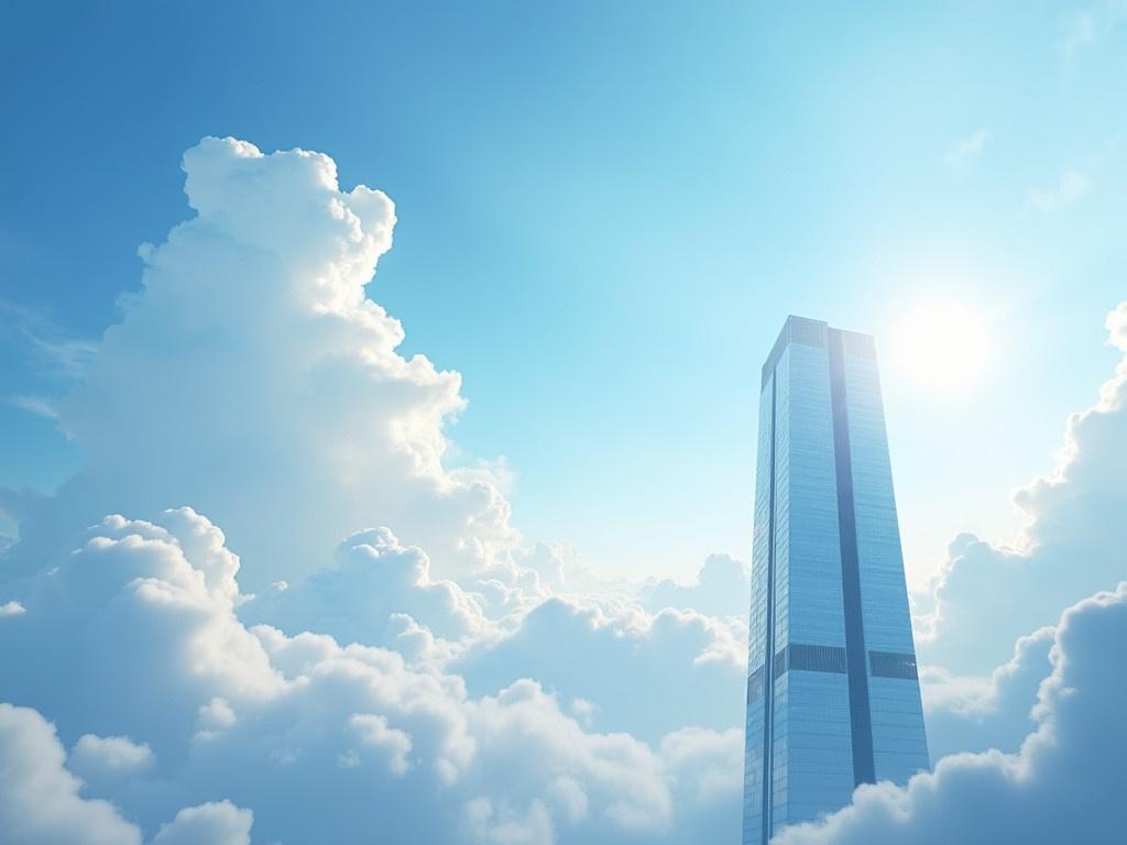 A scene depicting a vast sky filled with fluffy white clouds, perfectly contrasting against a tall, modern building. The building is made of glass and steel, reflecting the blue tones of the sky and the brightness of the clouds. The overall atmosphere is serene and tranquil, evoking a sense of calm. The light from the sun filters through the clouds, casting a soft glow on the building's surface. This image captures a harmonious blend of nature and urban architecture.