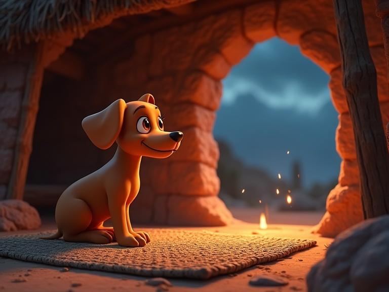 3D cartoon-style scene inside a clay hut with a young Vizsla dog sitting on a woven mat. The dog has smooth red fur and bright amber eyes. The ambiance is warm and flickering from a fire. The dog appears curious and alert.