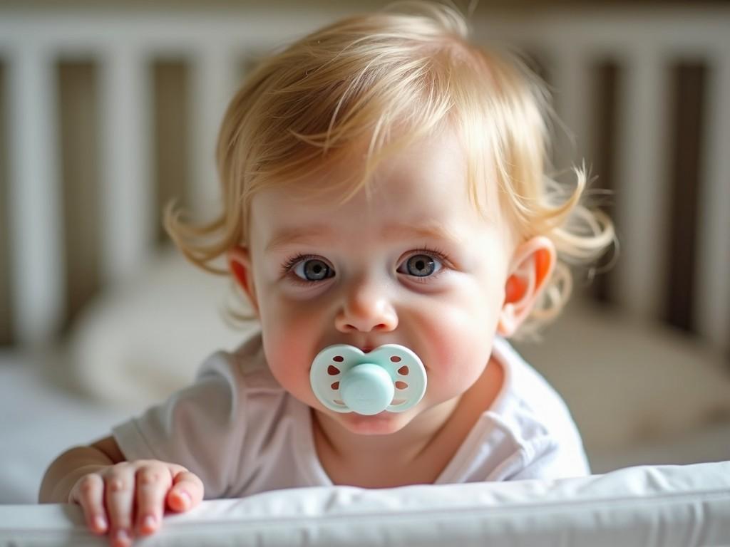 A close-up image of a baby with blonde hair and blue eyes, holding a pacifier in its mouth, set against a blurred crib background, in soft natural lighting.