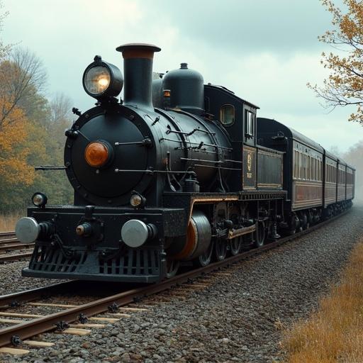 A steam locomotive resembling a dalek stands on tracks. The train is black and polished with a classic design. Surrounding landscape features orange and green foliage. Overcast sky adds to the ambiance.