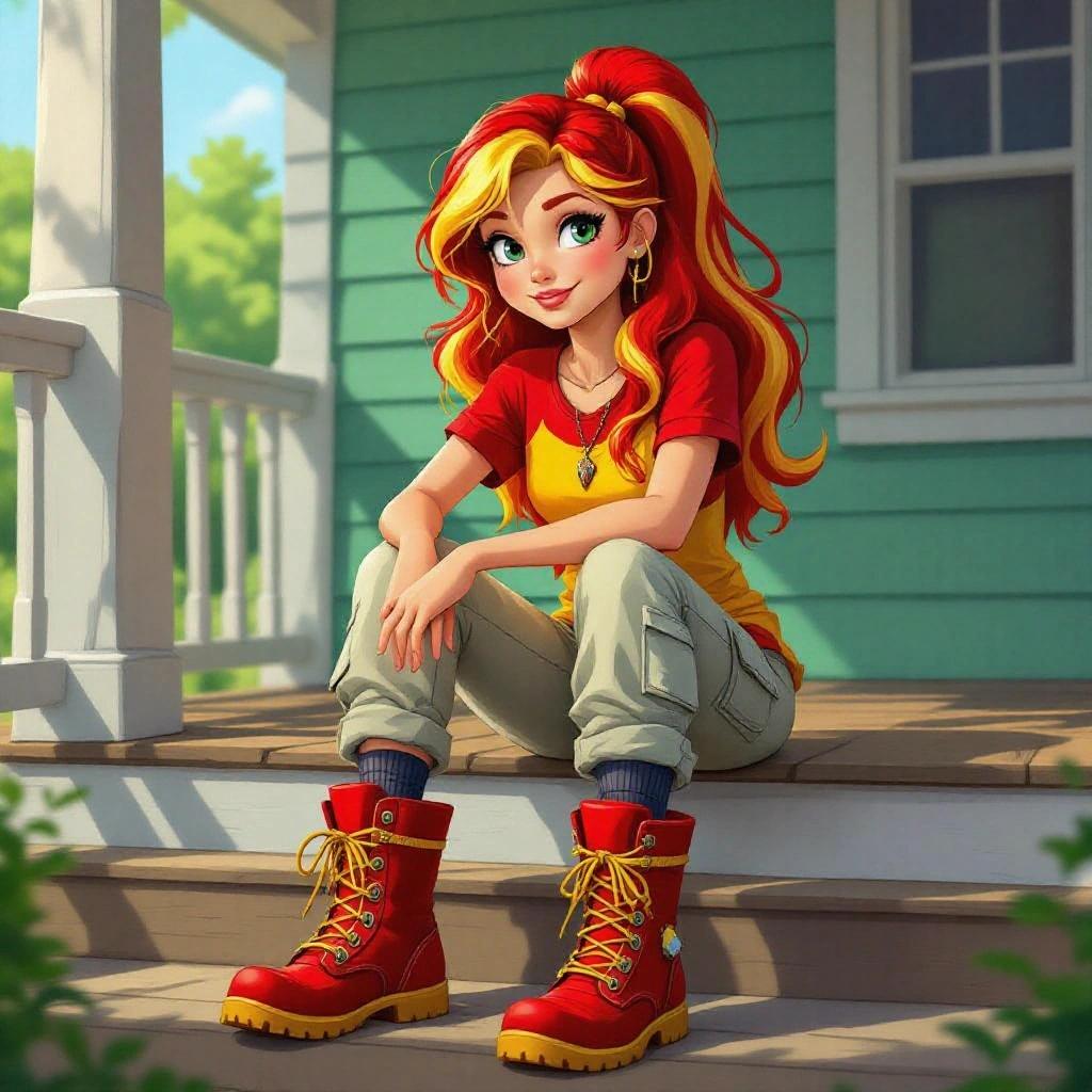 Sunset Shimmer sitting down on a porch with red boots. She has red and yellow hair. Wearing a red and yellow shirt with light-grey cargo pants. Dark-grey socks and shiny red mid-calf hiking boots. Sunny outdoor setting.