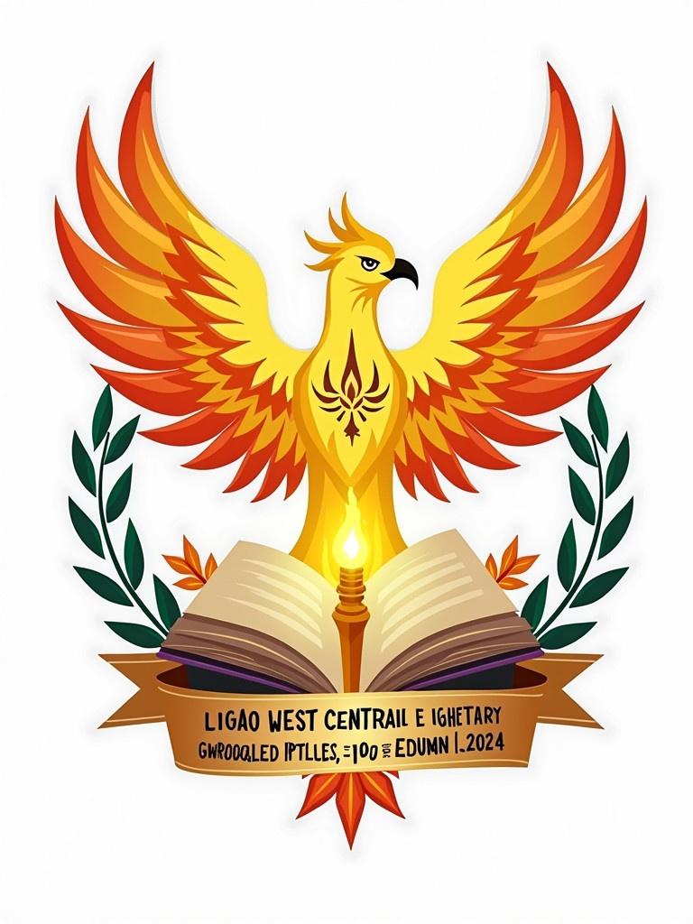 Illustration features a majestic phoenix in flight. The phoenix has flames merging into its wings. It holds a glowing torch in its talons. Beneath it is an open book with radiating pages. Colors include gold, red, orange, and optional blue-green accents. Surrounding elements include laurel branches and a ribbon at the bottom. The text mentions the alumni event and date for clarity. The design aims for a modern yet timeless aesthetic.