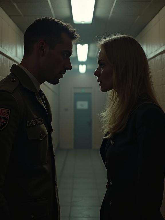 Two interrogators lean closely while arguing. Male in military uniform and female in formal attire stand in a narrow hallway. Overhead lights create shadows on their faces.