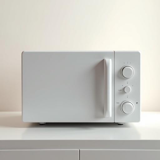 Modern microwave oven with smooth front panel. Clean kitchen table or countertop. Microwave has sleek, seamless design with plain door and handle. Brightly lit scene with soft lighting. Neutral background. Photorealistic focus on buttonless exterior.