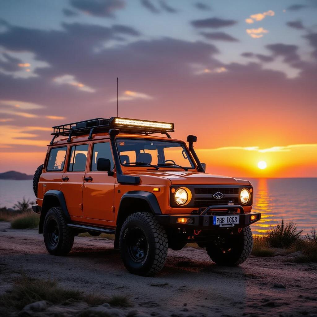 Bright orange UAZ Patriot parked on sandy terrain by the sea. The sun sets on the horizon creating a colorful sky. The vehicle has a roof rack and is ready for adventure. Shot captures the beauty of nature and automotive design.