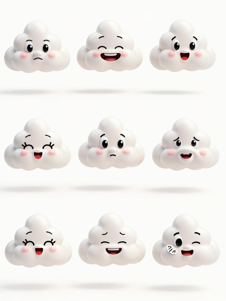 Ten 3D cartoon clouds. Each cloud has a different expression. Clouds are fluffy and soft in design. Emotions include joy, curiosity, surprise, sympathy, enthusiasm, support, trust, and agreement. Suitable for psychological chatbots. Engaging and relatable atmosphere.