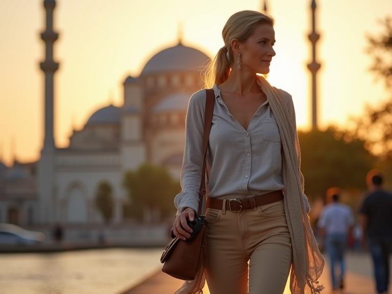 High-resolution travel portrait of a middle-aged woman with blonde hair. She walks past an iconic mosque during sunset. Wearing beige jeans and a light grey blouse, she holds a camera and has a leather bag. The soft light highlights her features. The mosque is blurred in the background.