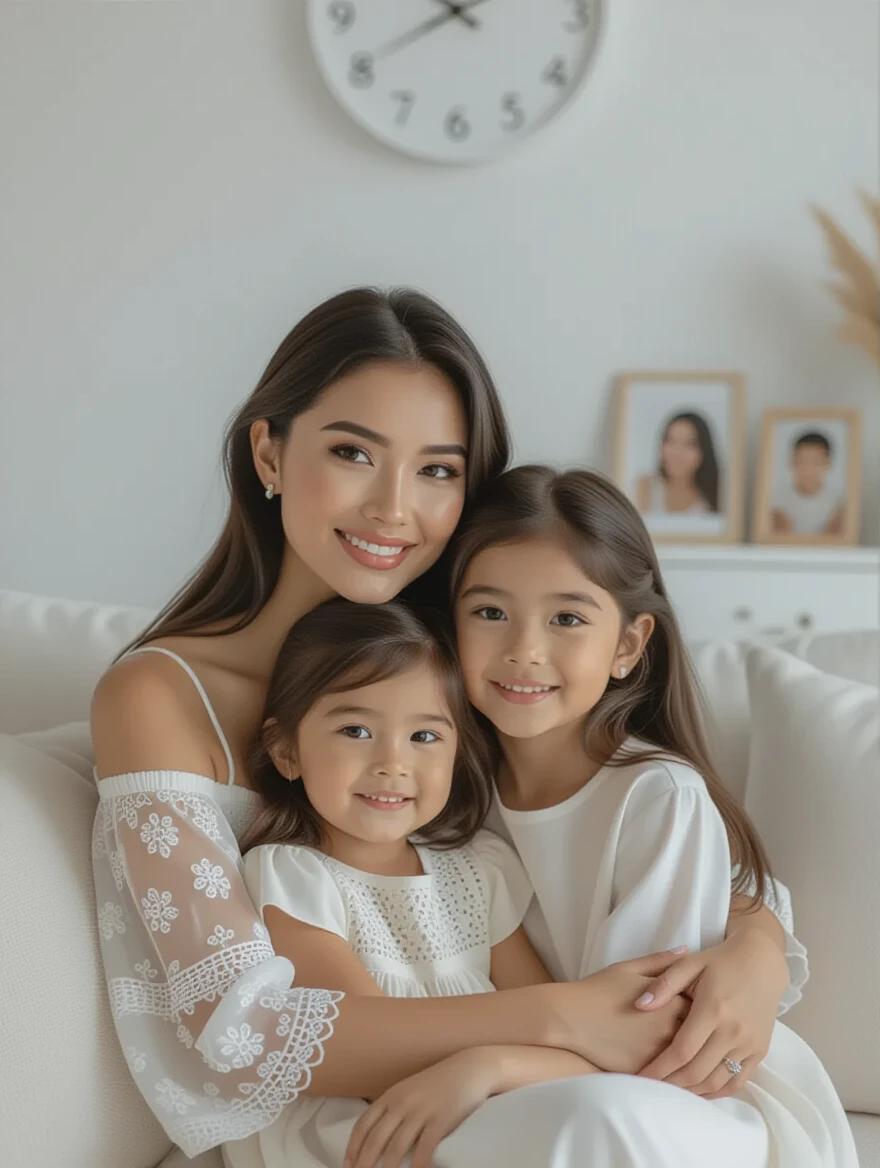 Photo of a young Indonesian woman with natural makeup hugging her daughter at home. The setting has a white room with a sofa. The woman wears an elegant dress. Family photographs and a modern clock decorate the background. The overall mood is cozy and intimate.