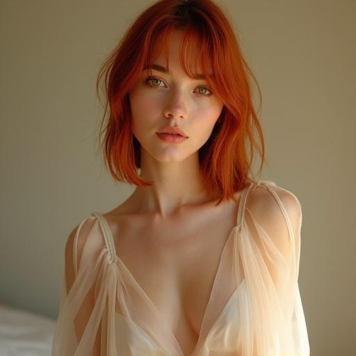 28-year-old woman has straight shoulder-length red hair. Features striking heterochromia with one brown eye and one green. Fair skin and confident expression. Wearing sheer vest that flows softly. Not wearing pants. Full body picture. Background is softly lit and minimalist with warm natural lighting. High-resolution and photorealistic style.