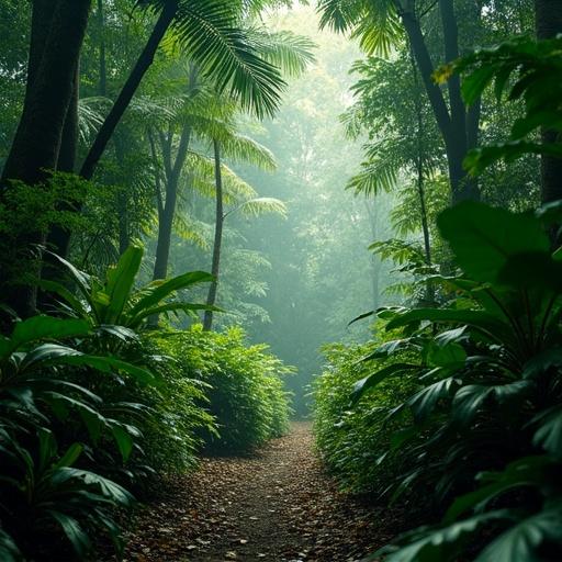 First person view of a dense tropical forest. Show a narrow path between lush greenery. Include tall trees and various plants. Create a misty atmosphere with soft lighting.