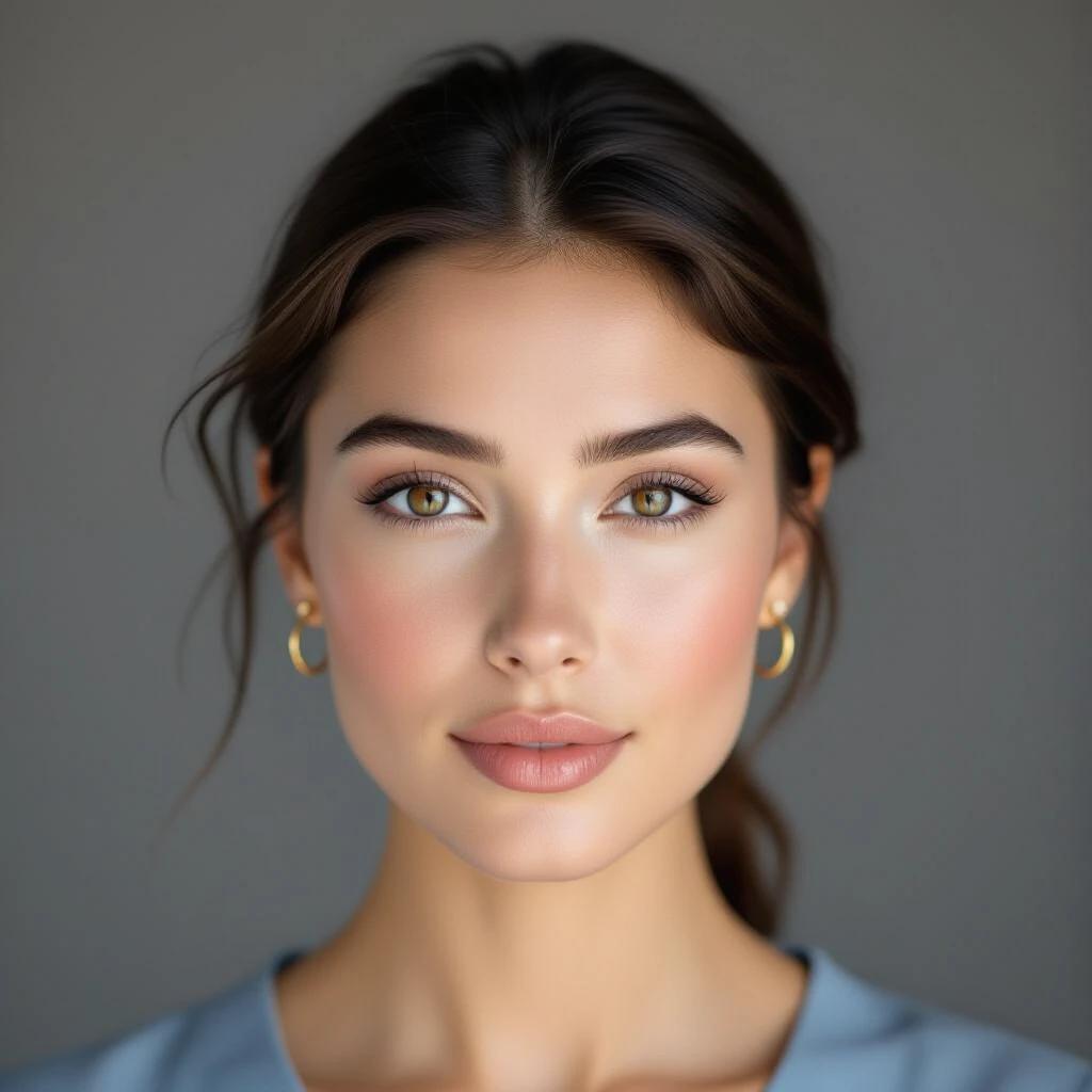 Close-up portrait of a young woman against a muted gray background. Her expression is serene and calm. Highlights emphasize smooth skin texture. Soft lighting causes a natural glow. Dark, slicked-back hair and blue top are visible. Large brown eyes draw in viewers. Small gold hoop earrings add elegance. The composition focuses clearly on her emotional depth.