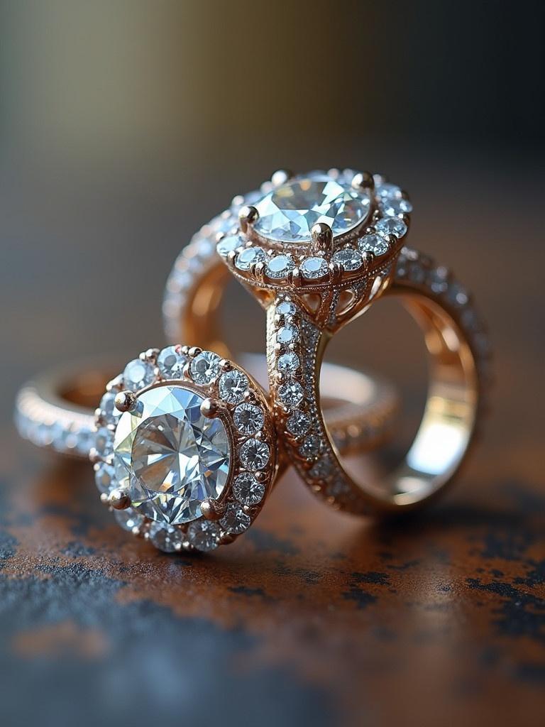 A close-up image showcasing intricate diamond rings with a focus on their beautiful details. Rose gold bands adorned with sparkling diamonds create an elegant composition. The background should be subtle to highlight the rings' beauty.