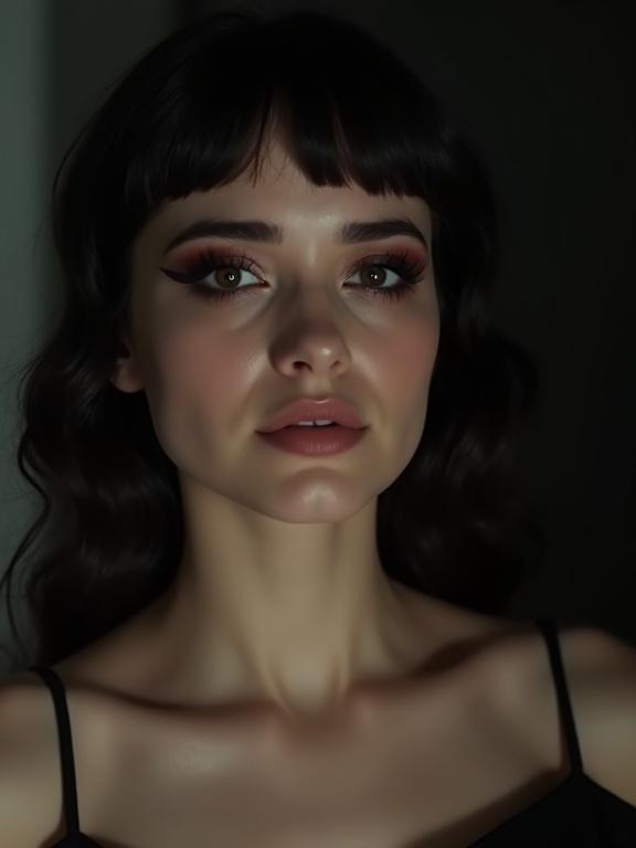 Cinematic portrait of young woman with smudged eyeliner after crying. Makeup slightly ruined under eyes, dark streaks. Calm and composed expression, emotionally strong. Moody lighting, vintage film style. Dark straight hair, glowing skin, retro-Hollywood dress. Transparent background, ultra high resolution.