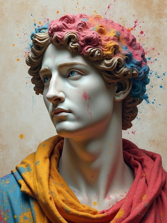 A portrait of a marble statue covered in colorful splashes of paint. Statue shows Greek characteristics with bright paint splatters. Background merges into worn parchment paper at edges. Created in digital art style.