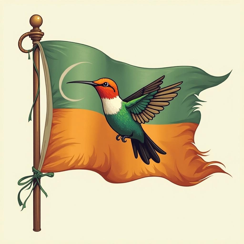 This image depicts a flag featuring a hummingbird as the central symbol, set against a sage green and squash orange backdrop. The flag is elegantly designed, capturing a sense of whimsy and magic appropriate for a magical school setting. The hummingbird, known for its vibrant colors and lively nature, adds to the enchanting aura of the flag. The overall composition combines fantasy elements with bright, inviting colors. This flag could represent a unique identity for a fictional educational institution focused on magic.