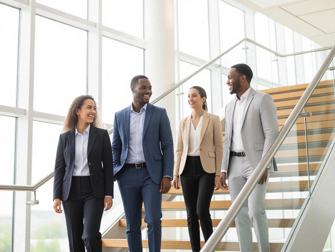 High-resolution photograph shows four young professionals walking on a modern staircase. The setting is a bright office with large windows. The staircase is wooden with a metallic railing. They are dressed in professional attire. The woman holds a tablet. The atmosphere is professional and dynamic.