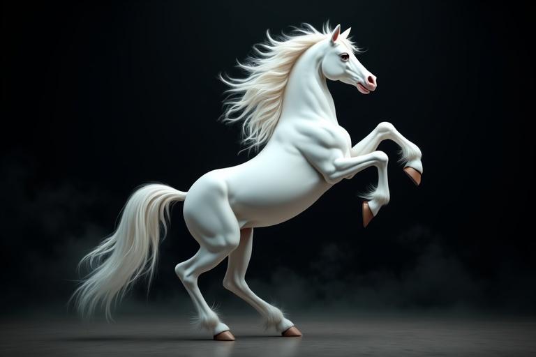 A majestic white Disney horse rearing up against a dark swirling black background.