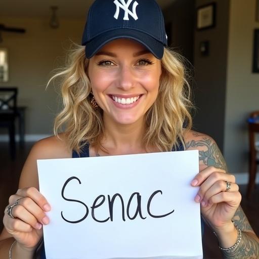 Smiling person holding a piece of paper with the name 'Senac'. Person has blond curly hair and is wearing a Yankees cap. Friendly expression, tattoos visible.