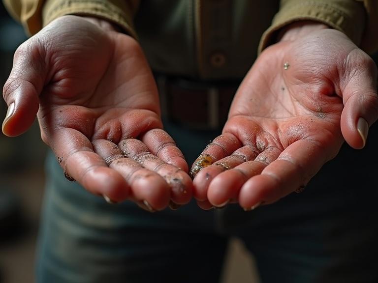 Close-up of a man's hands. Hands show signs of working with fishing nets. Palms are dirty and worn. Natural light highlights the texture of the skin.
