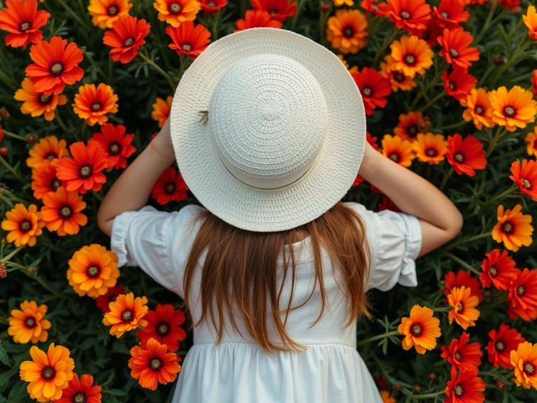 Top down view of girl with white hat lying in flower field surrounded by colorful flowers