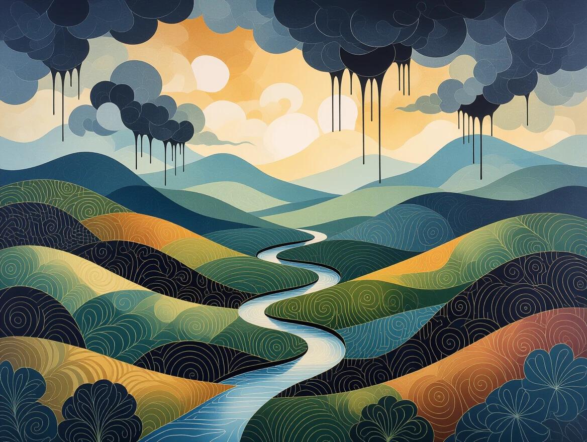 A surreal landscape features rolling hills and a winding river. The image is rendered in traditional Batik patterns. Black ink drips from clouds and pools in the valleys. Wax-resist textures are intricately woven into the terrain. The lighting is moody with a painterly composition.