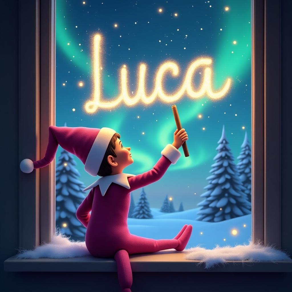 The image features an elf sitting on a window ledge, with his back to the viewer, looking up at the sky. He is using a wand to write the name 'Luca' in shimmering letters made of light. The background is magical, showcasing a beautiful Christmas scene with twinkling stars and colorful northern lights. The elf is dressed in a pink outfit and a pointed hat, emphasizing the festive holiday spirit. Snow can be seen on the window ledge, adding to the winter charm.