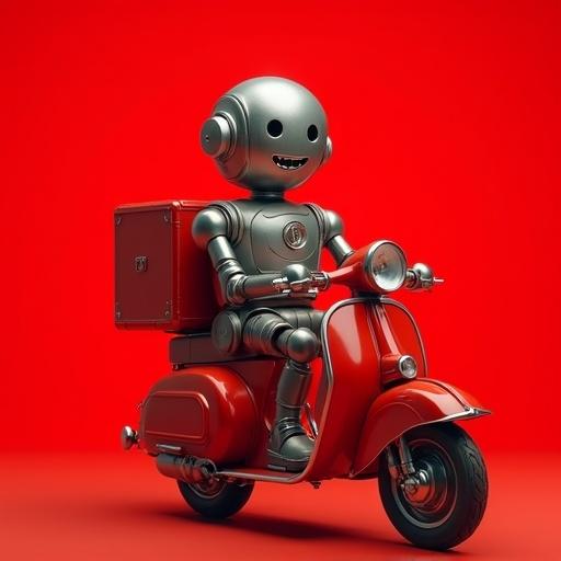 A vintage metal robot rides a red delivery motorcycle. The robot has a gray metallic color and is smiling. Solid red background creates a vibrant look. Space is left around the robot for text. Cinematic film style enhances the visual appeal.