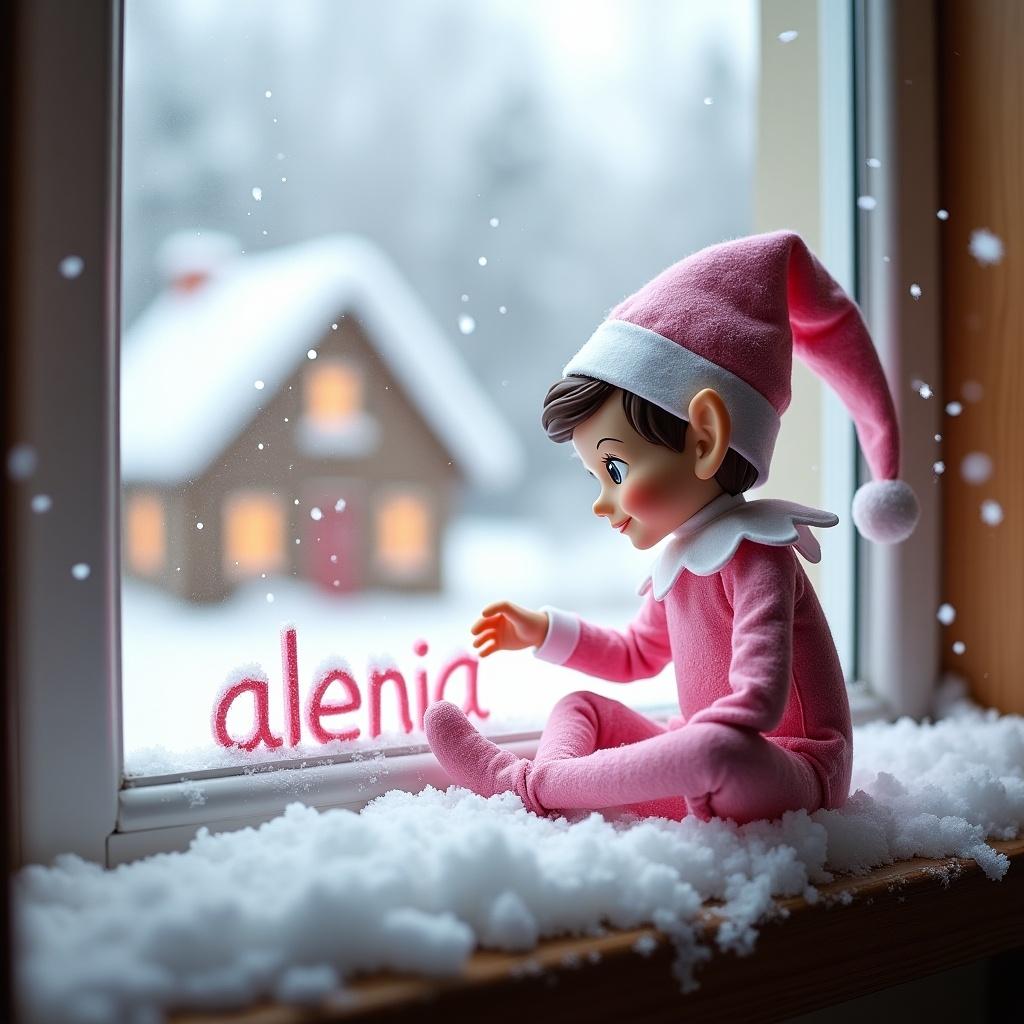 A girl elf in pink outfit sits on a snowy windowsill. She writes 'alenia' in snow. A cozy house appears outside the window. Falling snowflakes add to the winter scene. Bright expression conveys warmth and joy during holidays.