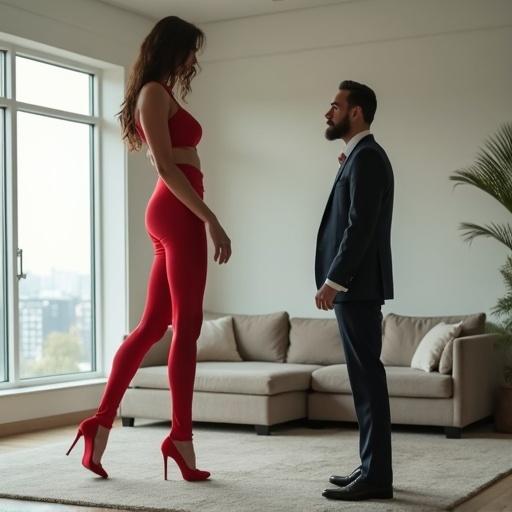 A tall muscular woman wearing red high heels stands in a modern room. A normal man in a suit looks up at her. The spacious interior has large windows.