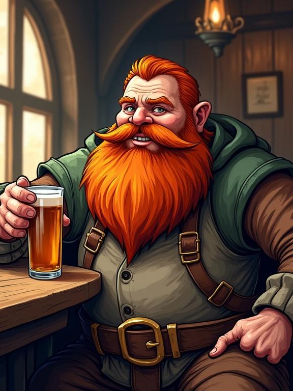 Comic-book-style digital illustration of a full-length portrait of an overweight dwarf with an orange beard sitting in an inn. He is holding a glass of beer. The style is non-photorealistic with soft cel shading and bold ink outlines. It features stylized depth of field and artistic shading under soft warm lighting.