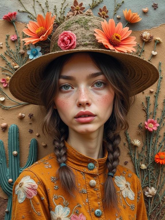 Stunning woman with braided hair. Close-up textile art with dried flowers, bright buttons, and vibrant threads against a primitive desert backdrop. Incorporates fauvist expressionism in earthy oil tones.