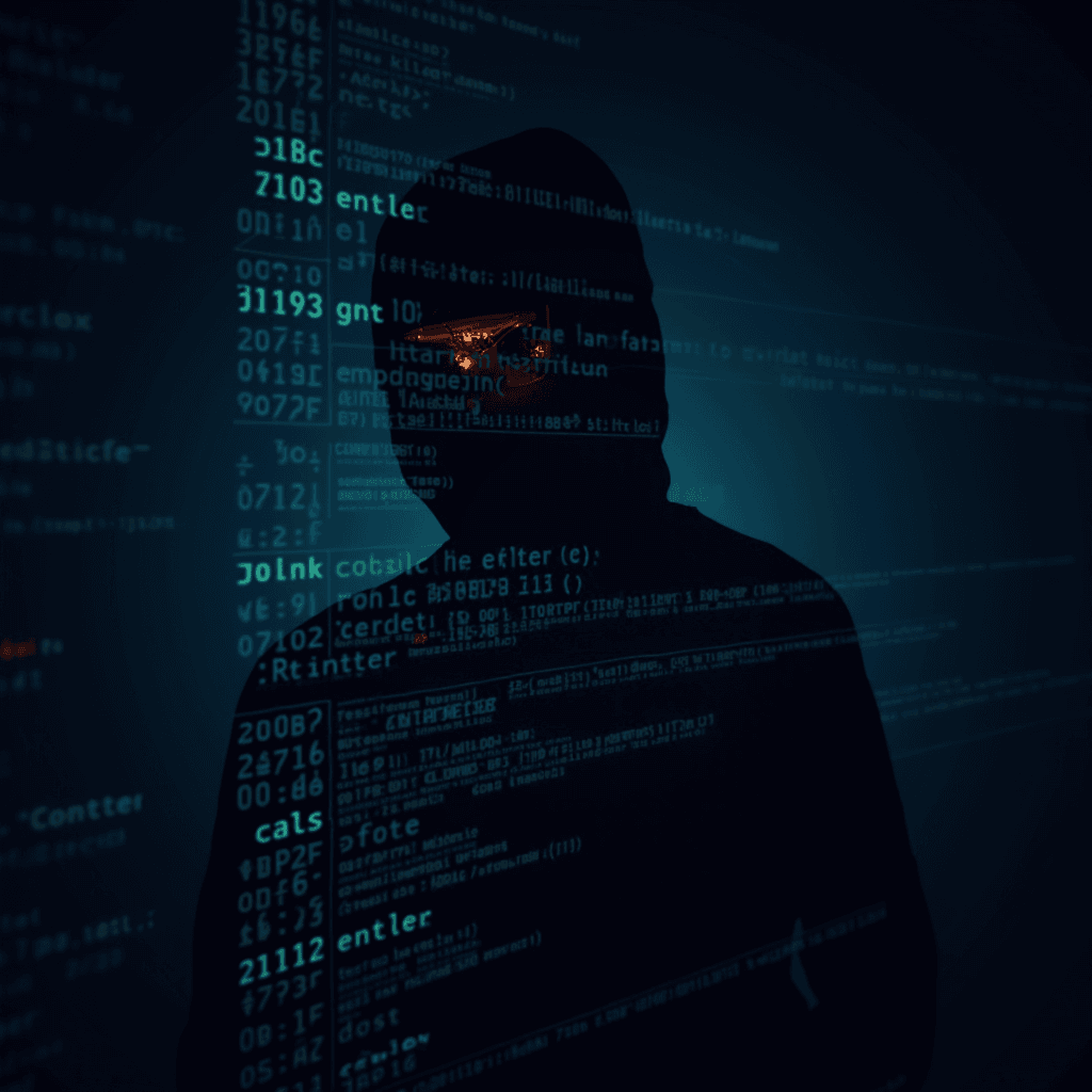 A silhouette of a hooded figure surrounded by digital code, suggesting a mysterious hacker or coder.