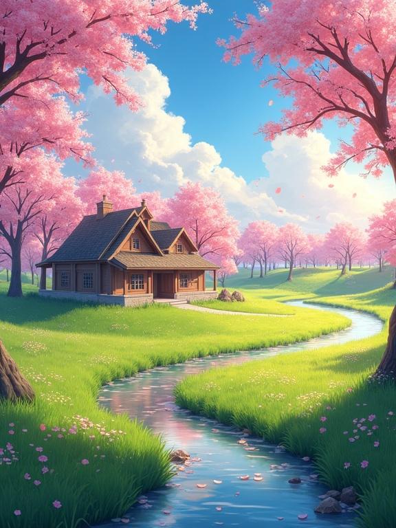 Illustration features a farmhouse surrounded by blossoming cherry trees on green grass. Gentle breeze depicted, scene captures a blue stream with a path to the farmhouse. It is springtime, sunny day where bright sunshine shines through clouds. Warm feelings evoked, showcasing exquisite natural landscapes and architectural details.