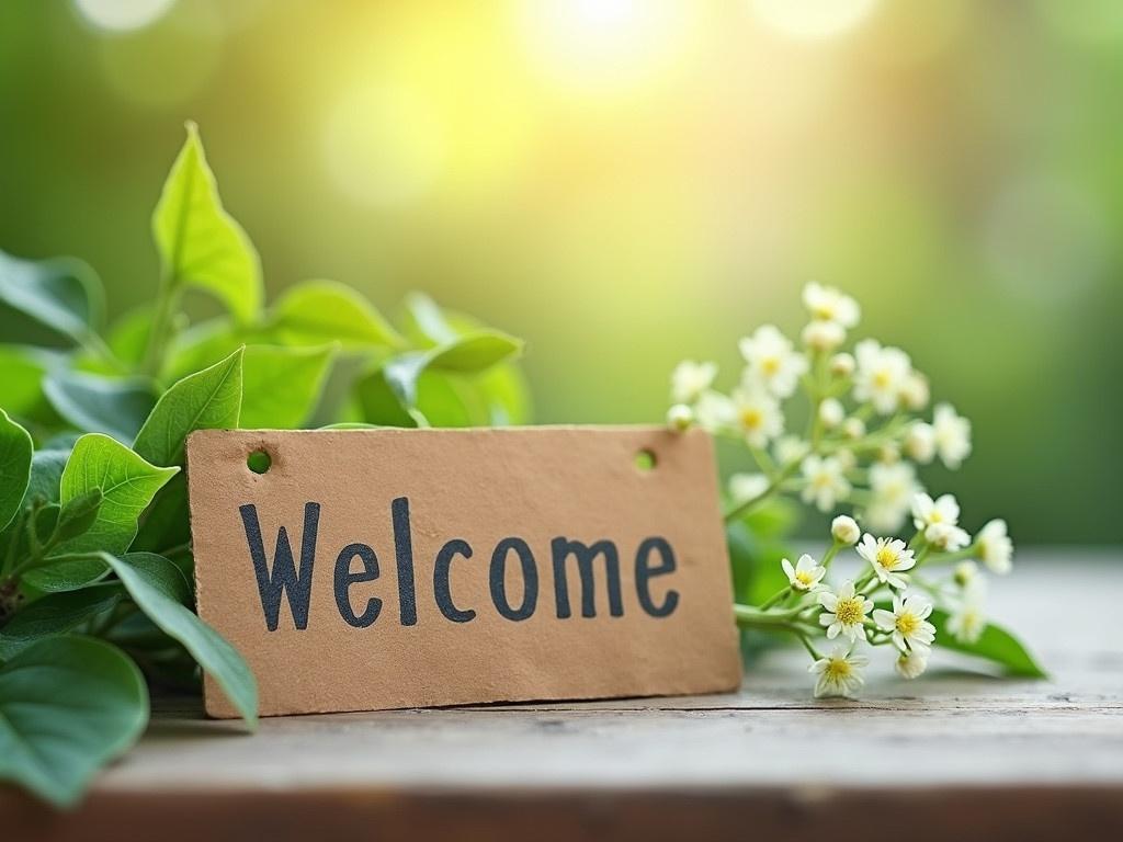 This image features a rustic welcome tag placed on a wooden surface. The tag is made of brown kraft paper and has the word 'Welcome' printed in dark gray letters. Surrounding the tag are green leaves and delicate white flowers, giving the scene a natural, inviting feel. The background is softly blurred, adding a serene atmosphere to the image. Sunlight filters through the leaves, enhancing the soft colors and highlighting the beauty of nature. It’s a perfect scene for a warm greeting or a friendly invitation.