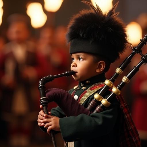 Highly detailed scene of a determined baby playing bagpipes during military parade at night. Baby in military dress uniform with tartan fabric and feathered hat. Expression serious and focused. Dramatic lighting with warm highlights. Blurred crowd and torch flames in the background.