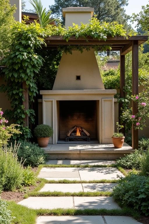 Features a traditional outdoor fireplace surrounded by flowers and greenery. The garden includes a pergola and well-maintained pathways.