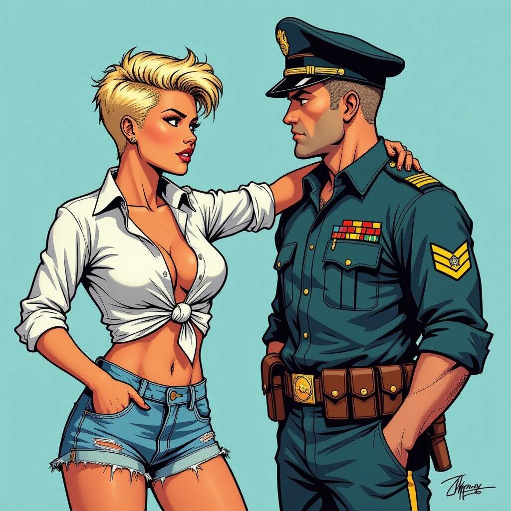 Comic-style illustration shows a confident tough woman standing face-to-face with a military officer. She wears a knotted white shirt and ripped denim shorts. Strong contour lines and photorealistic colors are used. Short tousled hair with a punk style. Character interaction is emphasized.
