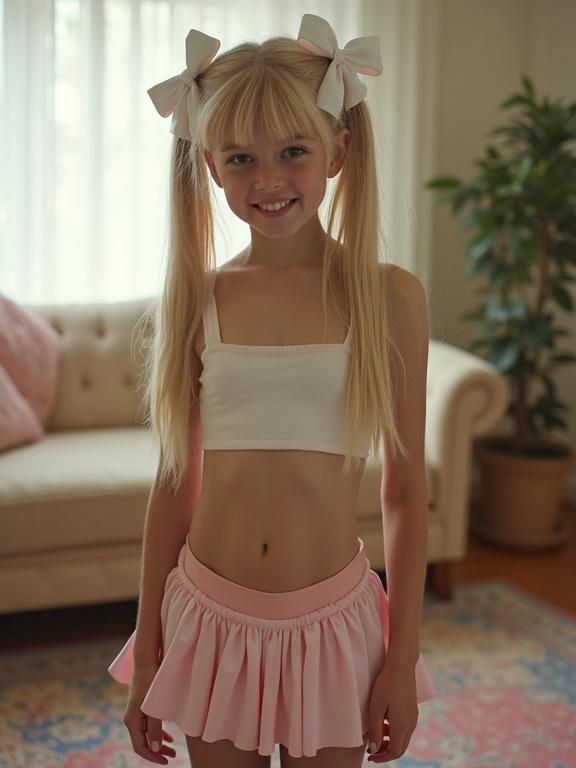 Youthful child with long blonde hair styled in twin tails. Wearing a crop top and a pleated skirt in a living room. Smiling with natural light. Decor includes a beige couch and colorful rug.
