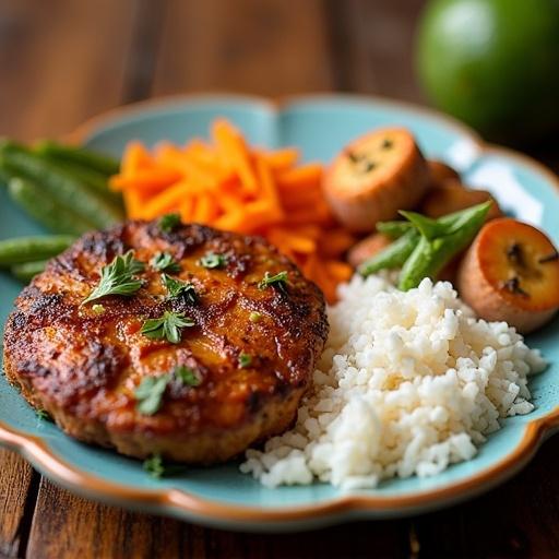 Plate showcasing traditional Filipino food. Dish includes grilled meat patty with rice, vegetables, and fruits arranged attractively. Natural lighting enhances the appeal.
