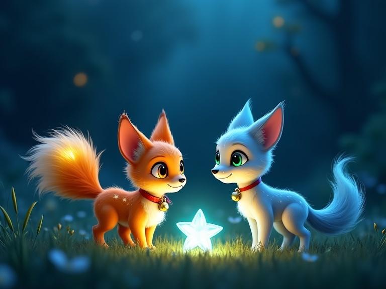 Scene in a moonlit meadow with two fox-like characters. One has neon-orange fur and a glowing tail. The other has sleek silver fur and glowing green eyes. Both are near a glowing blue star-shaped seed.