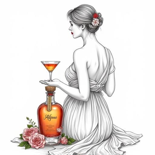 Highly detailed line art of a Venus goddess in her mid-thirties from behind. Offering toast with a cocktail glass. Wearing a lush translucent silk wrap. Flower behind her ear, golden-reddish lips. Looking over shoulder. One line art style, minimalistic with white background. Lower apothecary bottle nearby with golden-reddish glow, shimmering contents, cork lid, elegant tag with 'ALFRUNO'. Surrounded by roses and green herbs.