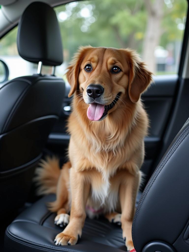 A golden retriever-like dog sitting happily in the back seat of a car. The interior is black leather and there are trees in the background.